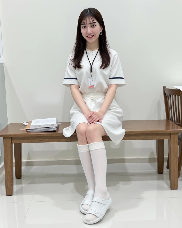 A 25-year-old woman in a white nurse uniform sits with her legs apart, Exposing panties. nurse ÉO H15, Wearing NIKE DY 7 ILt& short black socks, Wearing nurse clothes, nurse, nurse girl, Wear short black socks, Sitting in thigh-high ブラックsocks, Wearing a pink blouse,