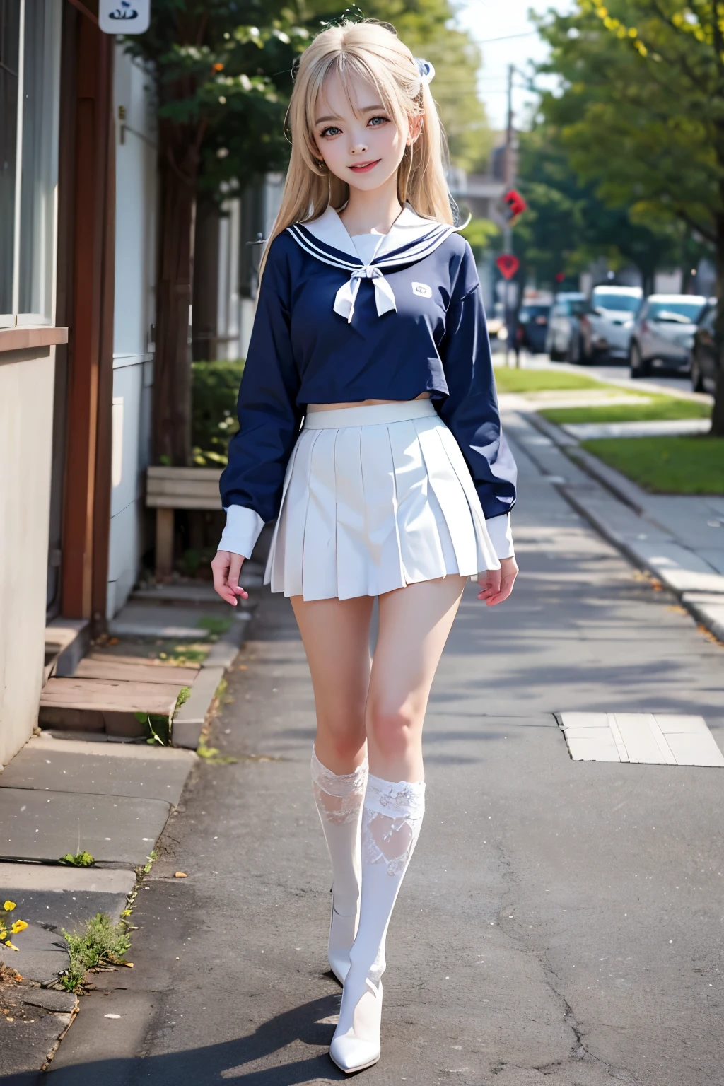 Best quality, full body focus, full body shot, perfect face, soft light, ultra high res, 8k, Masterpiece, , , view the viewer, full body , Front view, (1girl:li:1.5), , Cute face, (blue eys:1.5), (light blonde Medium hair), beautiful Big breasts, , Beautiful boob, Beautiful finger, Beautiful hands, Beautiful arms, Beautiful feet, Beautiful legs, (high resolution detail of human skin texture) , ((white long sleeves sailor uniform, white pleated skirt, knee-high socks, white with lace trim, white pin high heels)), , Spring Lake Side,, , (( Walking, , smiling, nose blush) , )) , ,score_9, solo, no bra, no panties, ,