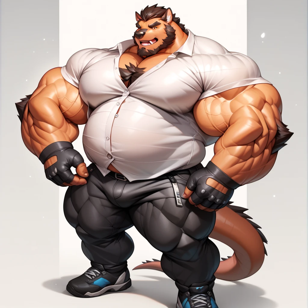 lucusold, lanxus, a man with a huge belly, furry lion, fat ripped , thicc, lowres, giant and fat, danbooru and artstation, heavy detailed, insanely inflated hips, topless, shorts, proportionally enormous arms, fluffy chest, commission for high res, detailed but rough, semirealistoc:1.3
