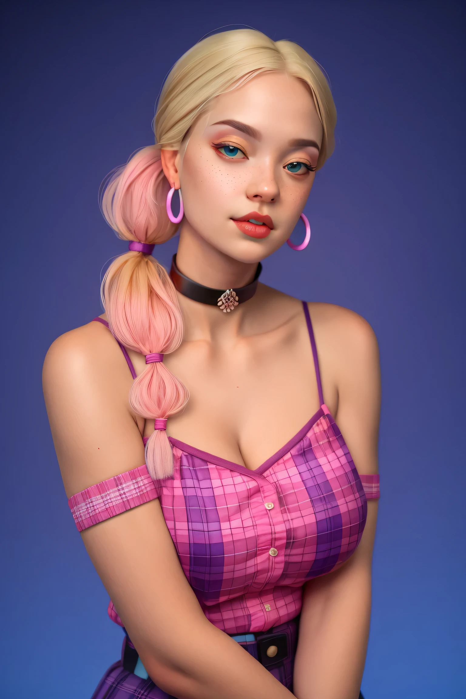 1girl, sexy girl, pigtails, cute face, gorgeous, cute, pretty, pretty face, pale skin, freckles, blond hair, blue eyes, full shiny lips, big lips, thick lips, parted lips, light pink lipgloss, mascara, skinny thighs, body, , innocent look, young face, pink long nails, black choker, large hoop earrings, pink plaid micro skirt, off shoulders white tank top, arms behind back, huge breasts, cleavage, shiny skin, (eyes looking off to side), Highly detailed, Amazing work,Vitreous luster, blues, purples, pinks, Best quality at best,shiny skin, no background, colorful background, blue background, pink background, purple background, plunging neckline, sexy pose, dynamic pose, heavy blushing, huge breasts,