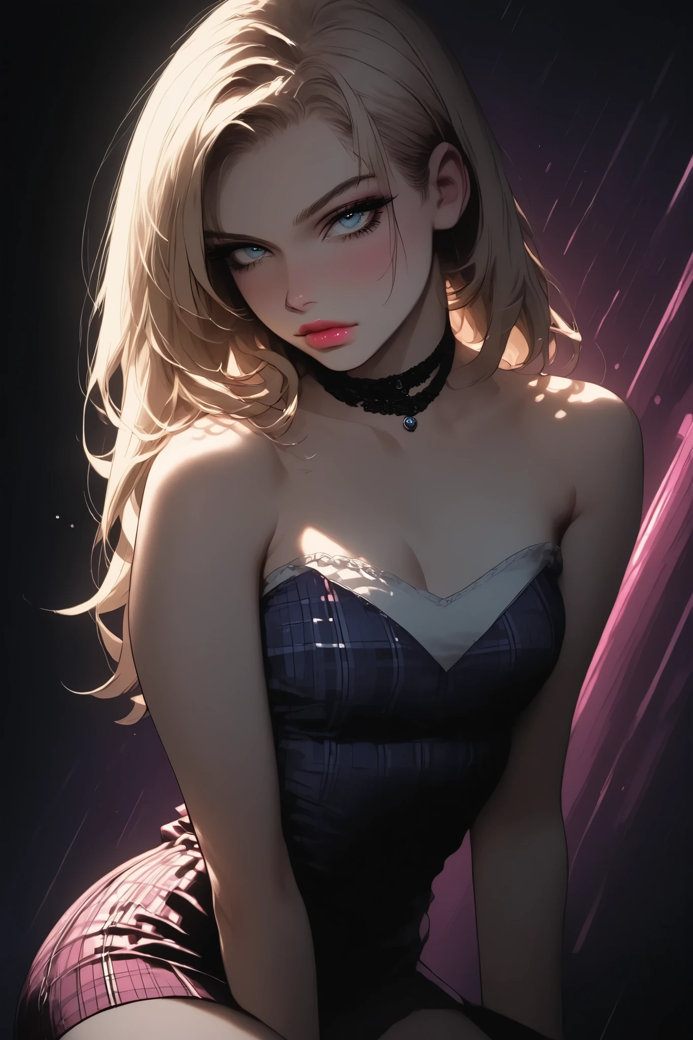 1girl, sexy girl, pigtails, cute face, gorgeous, cute, pretty, pretty face, pale skin, freckles, blond hair, blue eyes, full shiny lips, big lips, thick lips, parted lips, light pink lipgloss, mascara, skinny thighs, body, , innocent look, young face, pink long nails, black choker, large hoop earrings, pink plaid micro skirt, off shoulders white tank top, arms behind back, huge breasts, cleavage, shiny skin, (eyes looking off to side), Highly detailed, Amazing work,Vitreous luster, blues, purples, pinks, Best quality at best,shiny skin, no background, colorful background, blue background, pink background, purple background, plunging neckline, sexy pose, dynamic pose, heavy blushing, huge breasts,