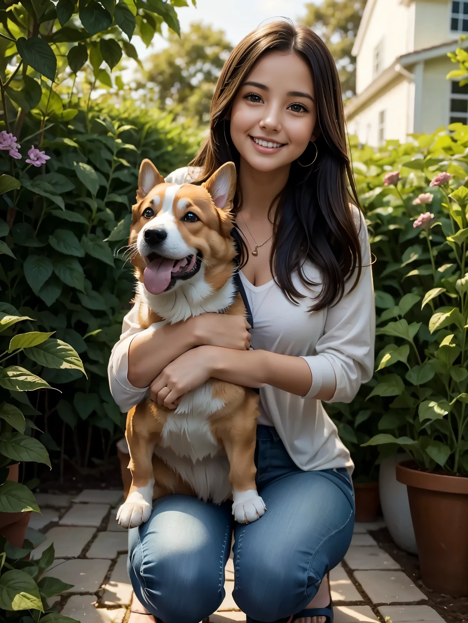 Beautiful girl is hugging a corgi dog in her garden、Both the girl and the dog look happy