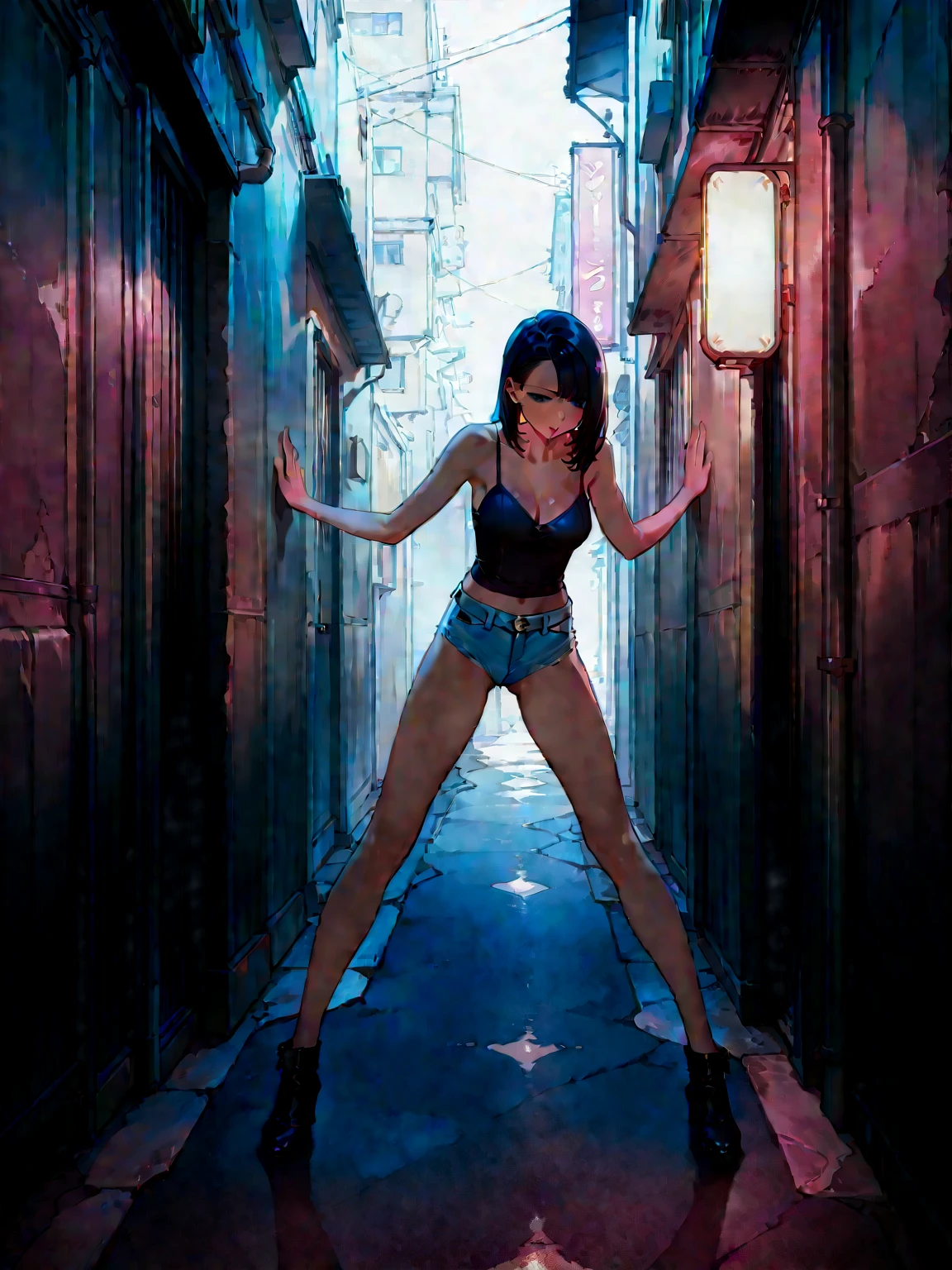 dark alley with brick walls and dirty graffiti, three different Asian, African, European beautiful women walking with backside revealed and holding hands wearing black leather sci-fi thong bikini, best quality, super detail, anatomically correct,