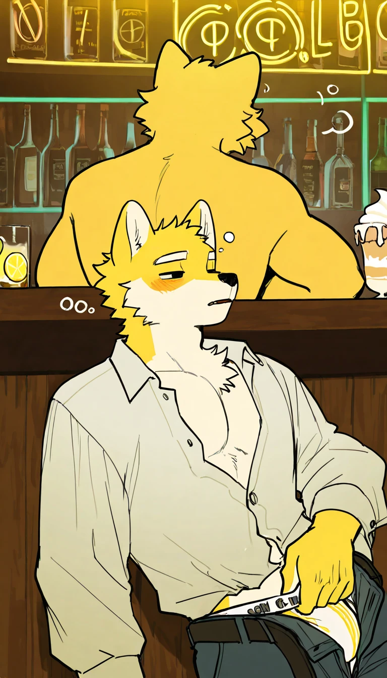 Fraction_9,Fraction_8_up,Fraction_7_up,Fraction_6_up,Fraction_5, (Bar background), (pub background), anthro, male, muscle, wolf, ((male)), neon light, ((Lemon yellow body, no hair, some cream fur, curly)), half-unbuttoned dress shirt, Unzip pants, pulled down pant, , hard , lying on the bar, head on the table, sleepy eyes, drunk, blushes, other in the back look surprise, send it to milkytiger1145 , author：K0bit0wani, author：Luwei