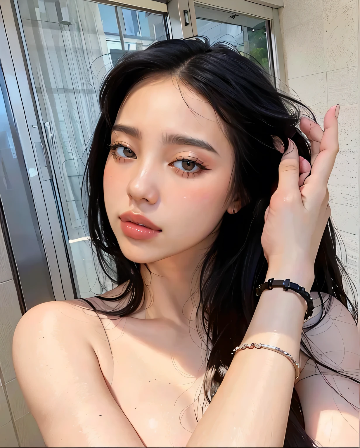 Yeji HD with cute lips and huge, an Asian adult woman , beautiful hair, Arms pretty , big , fleshy lips, beautiful eyes, very pretty eyes, very black hair