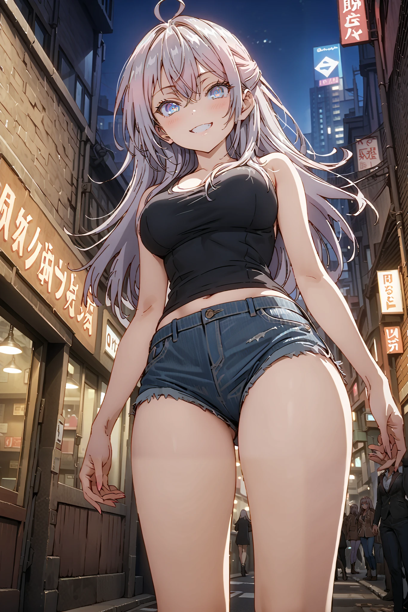 score_9, score_8_up, score_7_up, source_anime, Alisa Mikhailovna Kujo, Alone,long hair, bungs, blue eyes,stupid hair, Gray Hair,half updo,Big Breasts,riders jacket, BLACK TANK TOP,underboom,belly button sticking,denim micro shorts,Bare legs,boots,put your hands on your lower back,standing,smile, grin ,Nōn,night,angle from below,night,Bar district,full bodyがイラストに入るように,break outdoors,City,
break looking at viewer,full body,
break (masterpiece:1.2), best quality, High Resolution, Unity 8K Wallpaper, ( illustration of a woman with a penis :0.8), (Beautiful Detailed Eyes:1.6), highly detailed face with a woman, perfect lighting, very detailed CG, (perfect hands with full nudity, perfect anatomy),