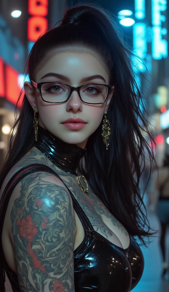 1girl+stage+eyeglasses+bitch+black makeup+arrogant+bad personality+tattoo+earrings+jewellery+crowd+cinematic shot+detailed+blurry+blurry background, sensual breast, cute face, looking at the viewer, ((8k, RAW photo, highest quality, masterpiece), High detail RAW color photo professional photo, (realistic, photo realism:1. 37), (highest quality), (best shadow),