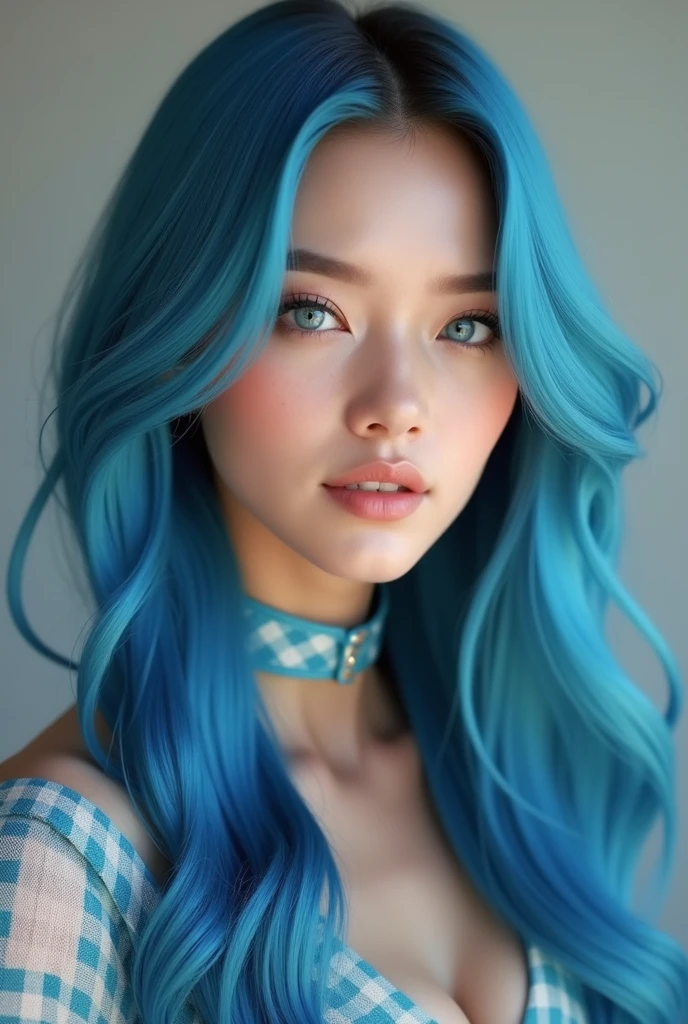  Cieelo is 19 years old , Russian,  well-shaped and well-proportioned body . Woman Arafed, Beautiful white and soft skin, (( with blue hair  (color: #3eb0e8 ) long and smooth, Beautiful eyes also blue ,dances sensually in vibrant K-pop inspired attire. She wears an elegant plaid miniskirt with folds, combined with a tight top and knee-high boots