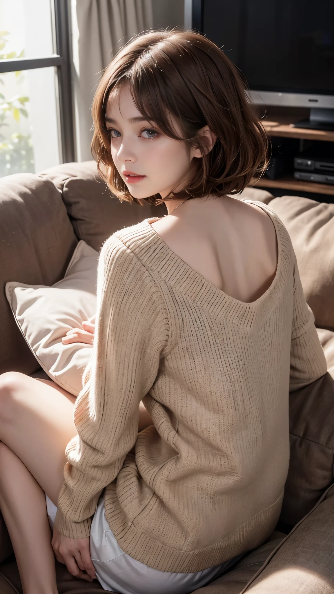 masutepiece, Best Quality, Illustration, Ultra-detailed, finely detail, hight resolution, 8K Wallpaper, Perfect dynamic composition、I'm looking back at my butt with my butt facing、(((Ass Viewer)))、((Sweater naked))、off shoulders、27 year old cute girl、detailed beautiful faces、detailed cute eyes、Textured skin、Flushed cheeks、embarrassed from、 (Shortcut Hair:1.3)、(Wavy brown hair )、tiny chest,、Bold sexy poses、discret smile、Classroom、