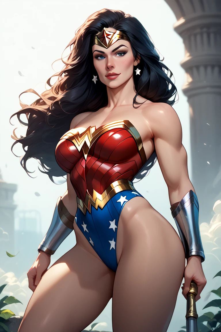 ((top quality)), (8k, RAW photo, best quality, masterpiece:1.2), (realistic, photo-realistic:1.4), Depth-Of-Field, 1girl, single, solo, indoors, prison, dark, wet, sunbeams, from above, dutch angle, (Victoria's Secret Model Wonder Woman), Wonder Woman, nervous, arms crossed, (skindentation), (intricate details, makeup), (delicate and beautiful delicate face, delicate and beautiful delicate eyes, face with perfect proportions), (realistic moist skin: 0.8), high-detail skin, delicate skin, best proportions four fingers and one thumb, ((empty hands, hold nothing)), arms under breast, strong and realistic blue eyes, realistic black hair, lips, makeup, natural skin texture, tiara, leotard, bulletproof cuffs, red boots, (public clothing:1.3), slightly sunburned skin tone, mature, sexy, elastic muscles, (muscles:1.2), ((strong and healthy body)), ((((more) muscles))), long legs, curves, thick thighs, wide buttocks, thin legs, (big breasts: 1.2), thin waist, soft waist, (delicate skin), (beautiful and sexy woman), (swollen lips:0.9), (eyelashes:1.2), very delicate muscle definition, professional lighting, photon mapping, radiosity, physically-based rending, detailed background,