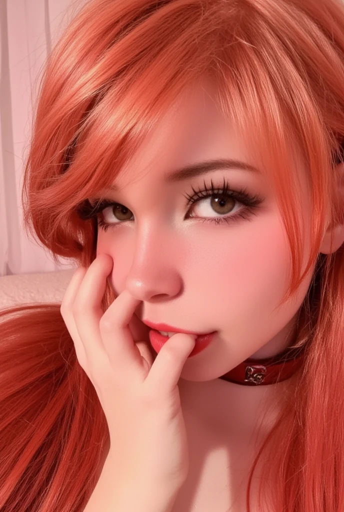 1girl, star eye, blush, open mouth,fellatio,tongue out,swallow,cum on face,dick,perfect illumination, red hair, red eyes, unreal engine, sidelighting,bangs, bright skin, bed,NSFW,nude