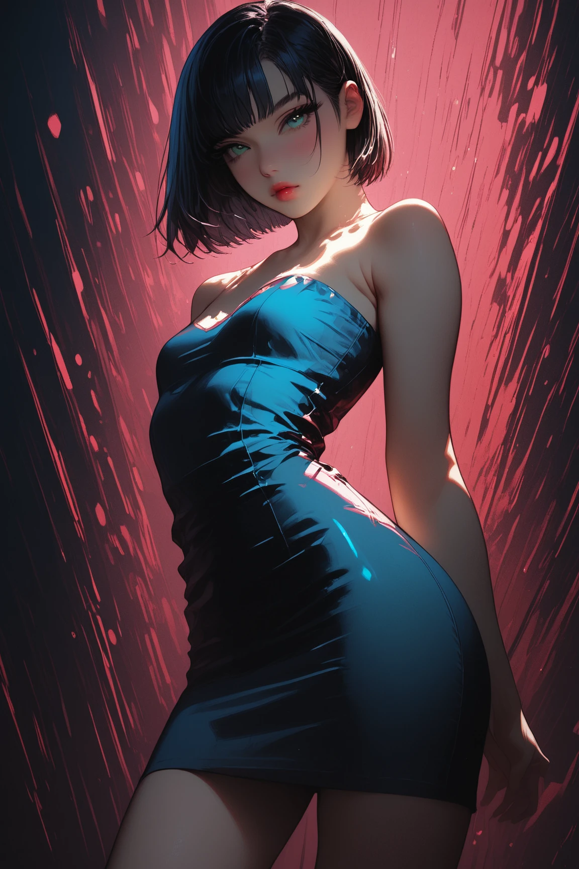 an arrested adult girl with her hands in handcuffs, dressed in a long, tight dress with a cutout and stiletto heels, anime