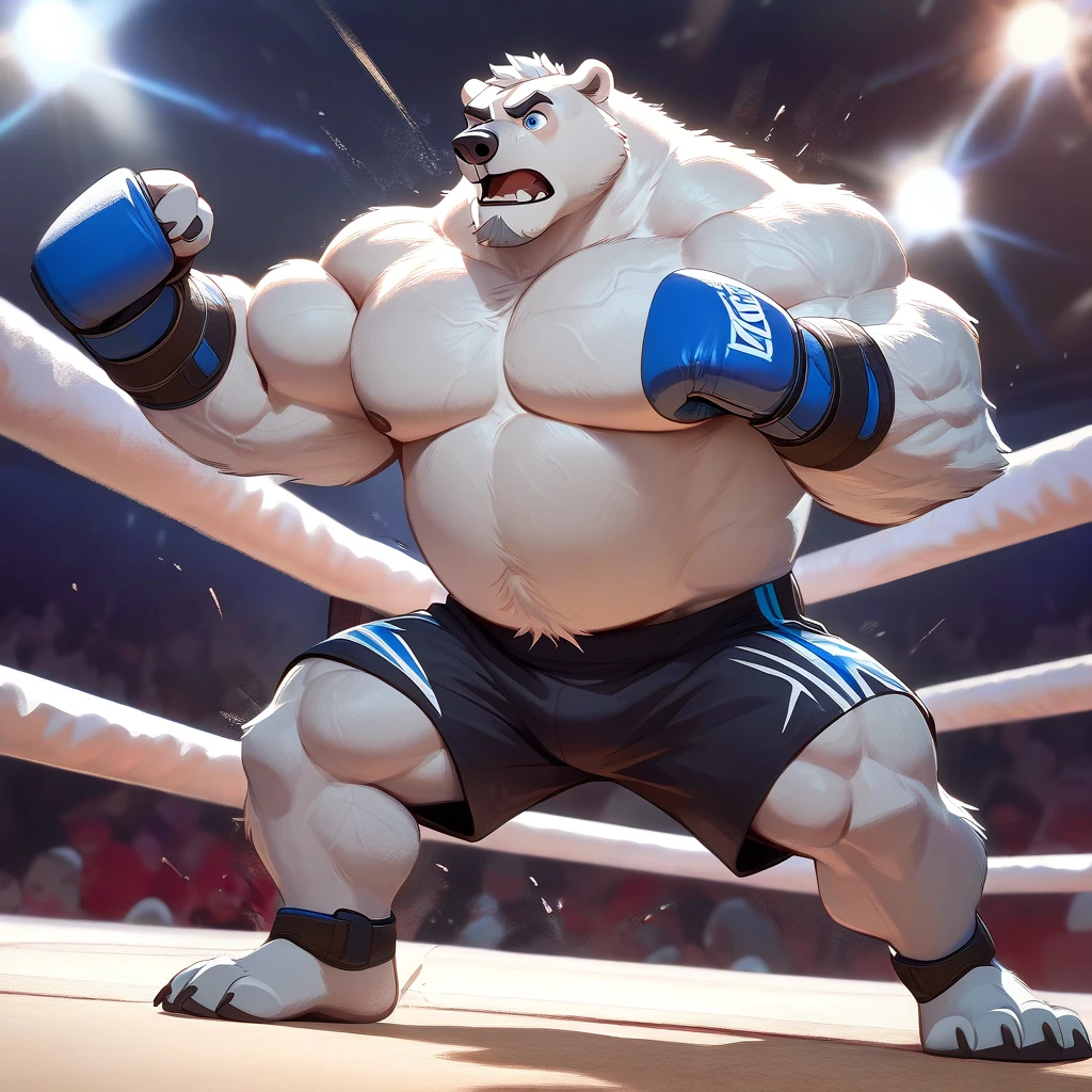 male anthro polar bear, huge muscular chubby, dynamic pose, bust portrait, underwear, solo, realistic white fur, detailed background, bedroom, detailed whote fluffy fur, long fluffy fur, photorealism, fighting ring, hdr, short tail, crowd, purple stage light, blue leather gauntlet