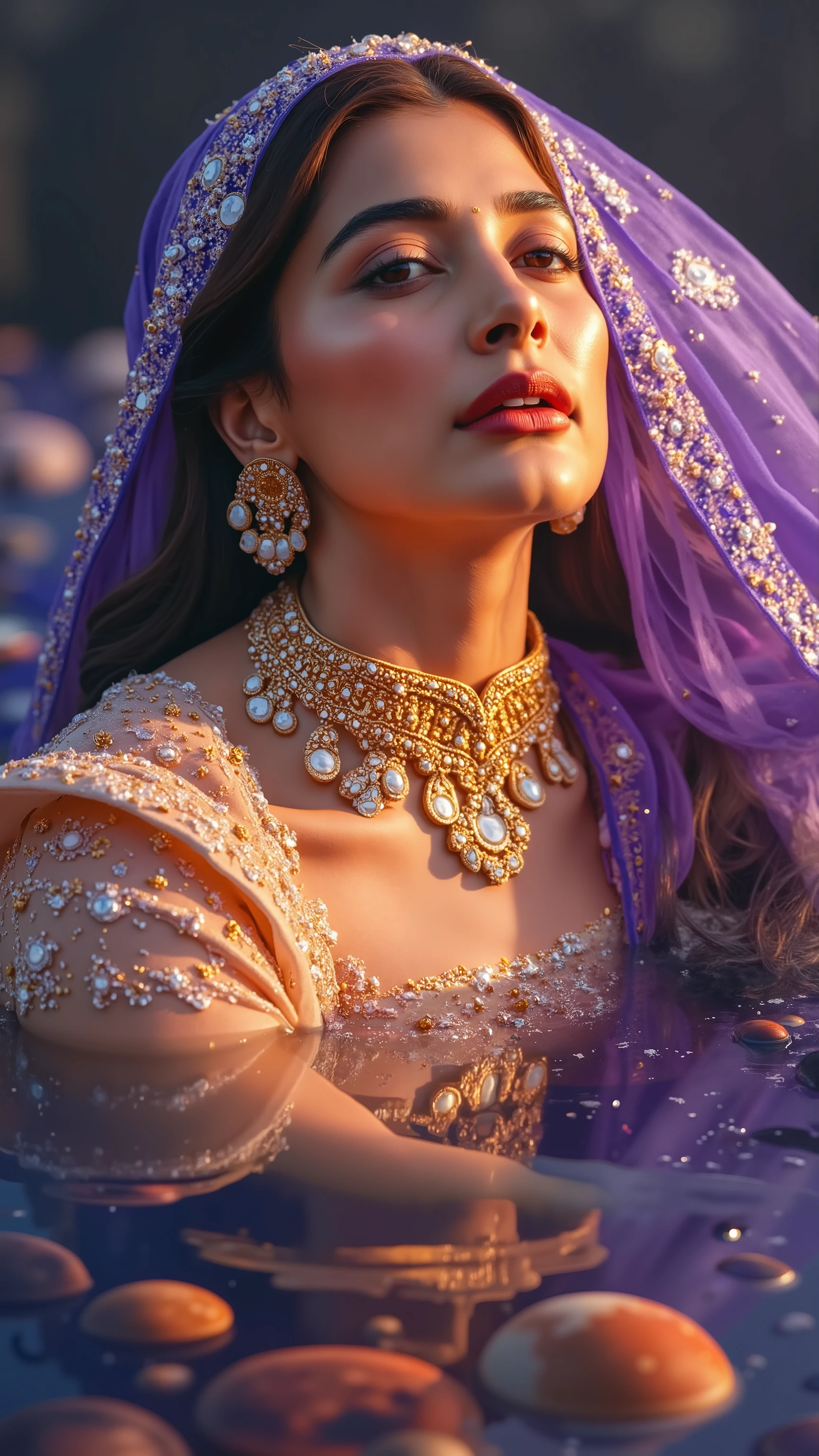 A celestial woman drifts in a zero-gravity space ocean, her body wrapped in an endless veil that glows like woven stardust. The fabric flowing infinitely around her, shifting between deep nebula purples and radiant golden hues. Her long, dark hair intertwines with the fabric, merging seamlessly into the cosmos. Below her, planets and stars reflect in the liquid surface, creating a surreal illusion where the universe bends around her presence. ‘AI INDIE’ subtly appears in the folds of her shimmering cosmic veil, as if stitched by the universe itself.