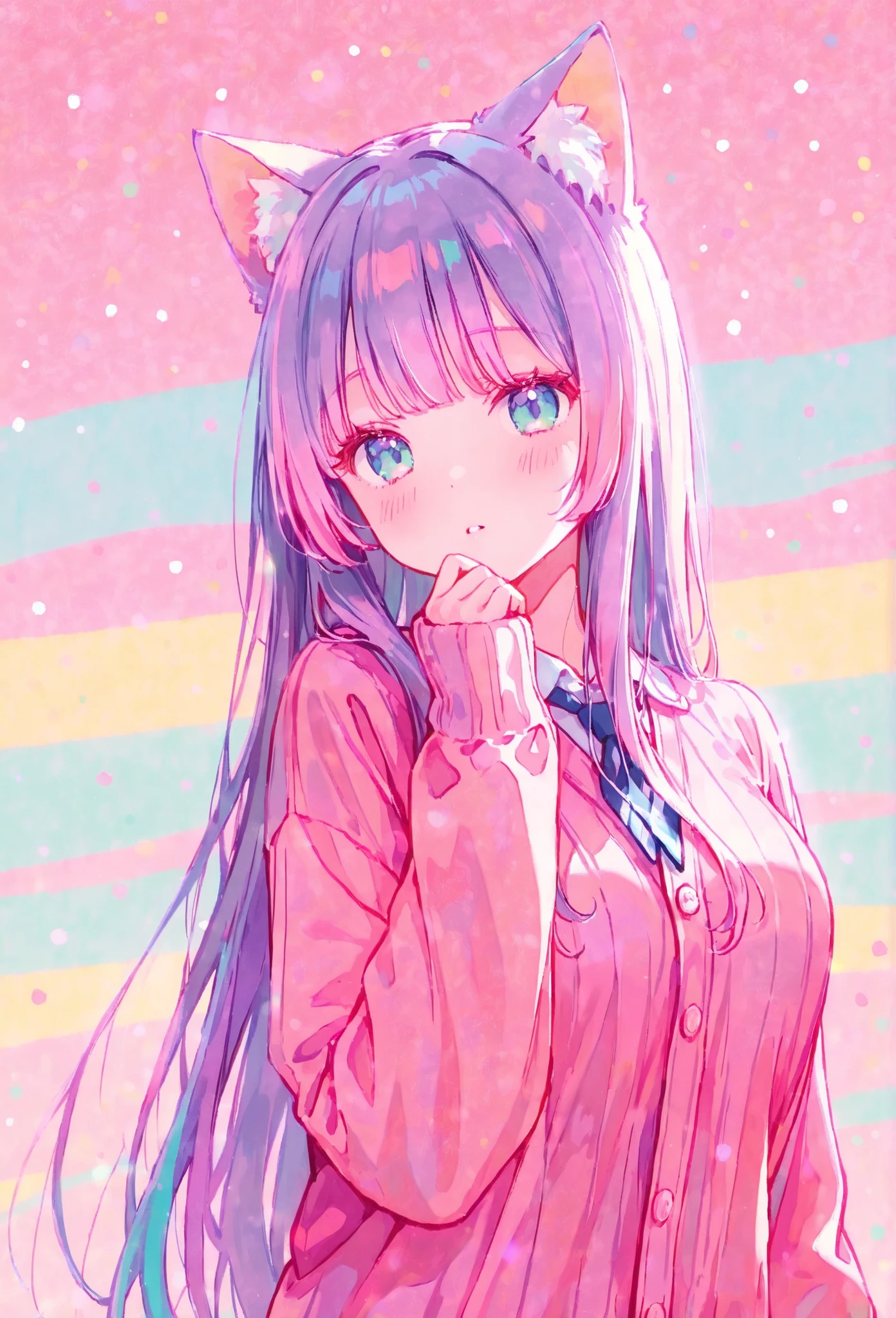 random hot and busty korean catgirl, cat ears, pastel color palette, no background, pastel background, colorful background,