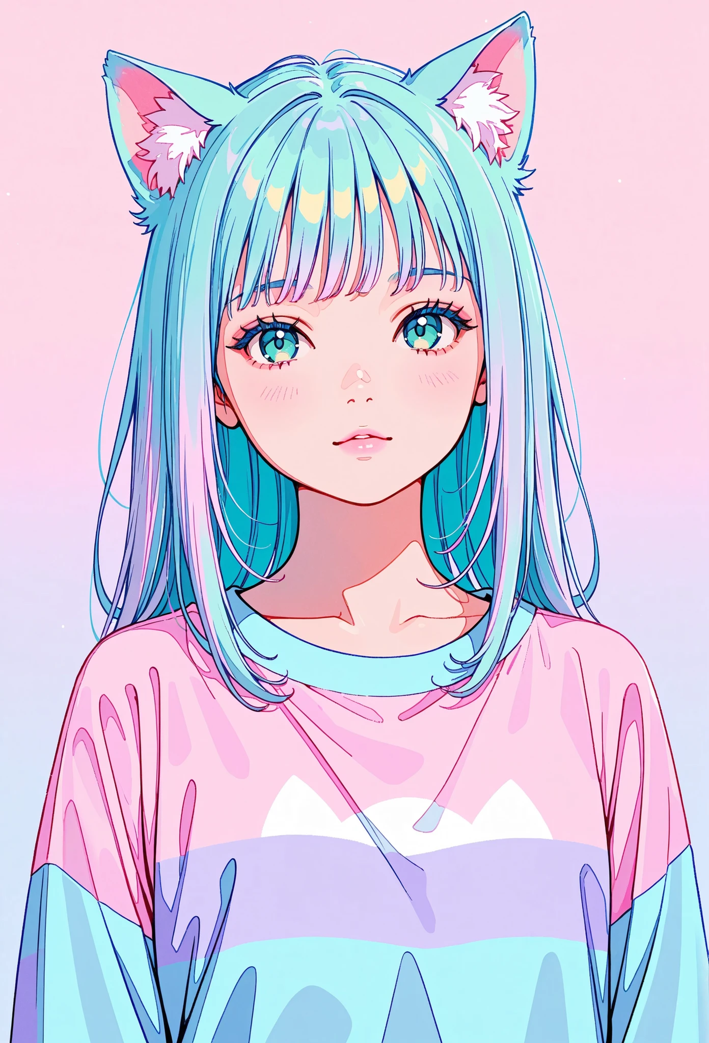 random hot and busty korean catgirl, cat ears, pastel color palette, no background, pastel background, colorful background,