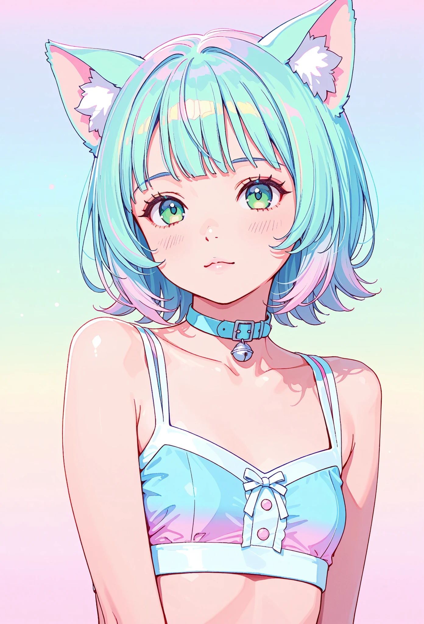 random hot and busty korean catgirl, cat ears, pastel color palette, no background, pastel background, colorful background,