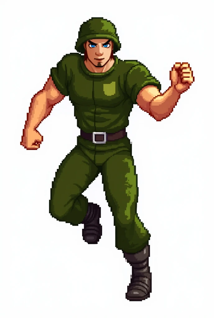 Generate a pixel art sprite sheet for a muscular soldier character, similar to Metal Slug’s Leo. The sprite sheet should include additional frames for running (6-8 frames), jumping, and firing while moving. Keep the same style and color palette as the original image. The character should be in a military outfit, with dynamic and smooth motion poses. The resolution should match the uploaded sprite sheet (e.g., 64x64 per frame) with a transparent background