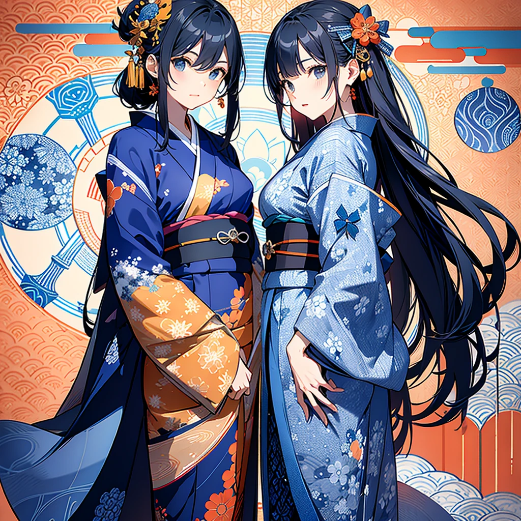 anime、Vibrant colors、Cool beauty、17 years old、Black Hair、Long Hair、Straight Hair、The bangs are cut above the eyebrows、Narrow eyes、Slanted Eyes、Bright eyes、Sparkling eyes、Large Breasts、Night Sky、Many Stars、Strong winds、Vivid Kimono、Hair ornament in the shape of the moon