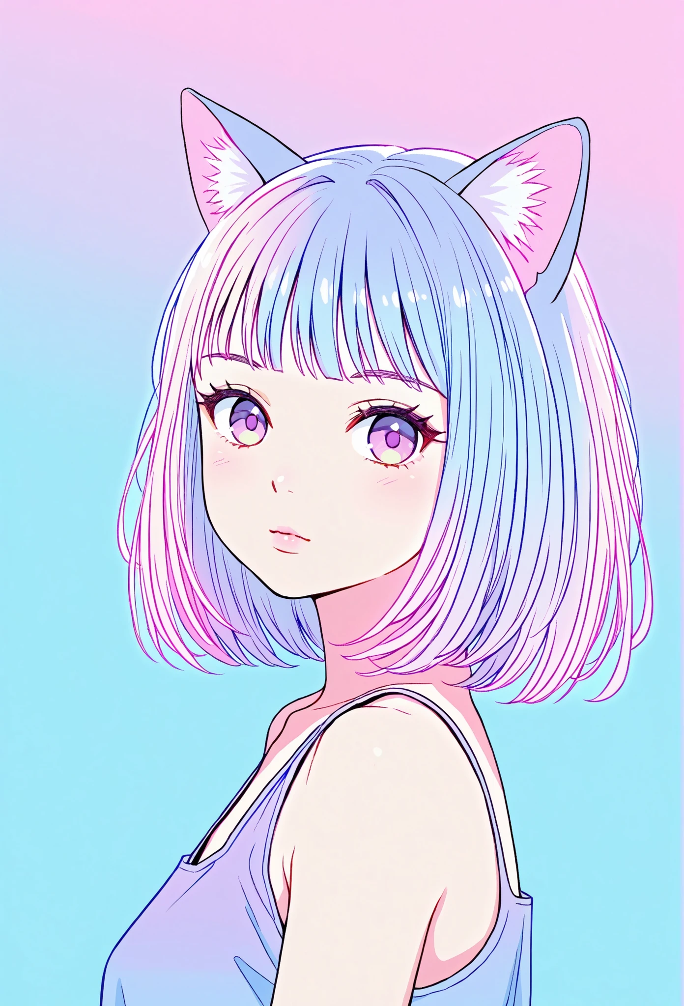 random hot and busty korean catgirl, cat ears, pastel color palette, no background, pastel background, colorful background,
