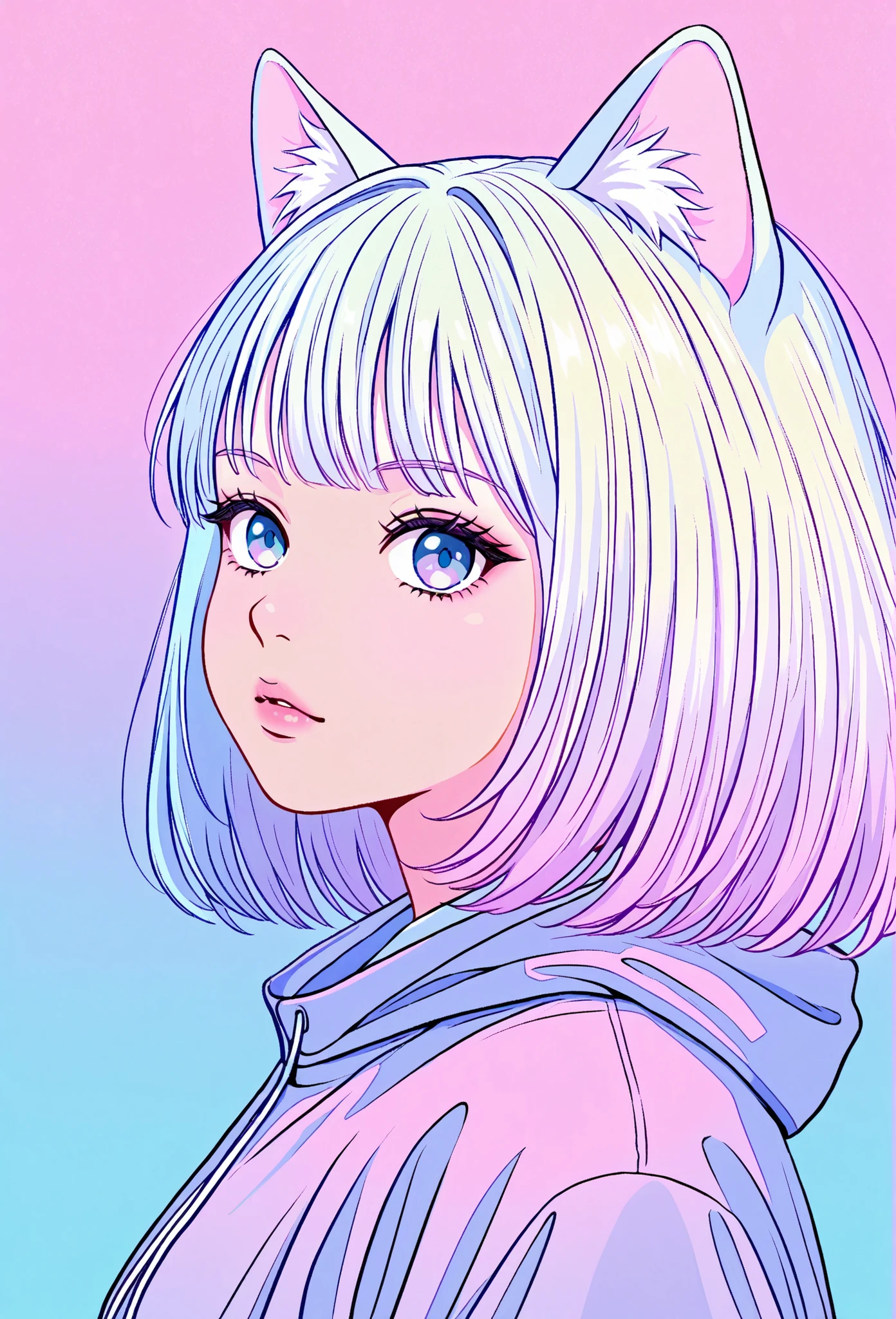 random hot and busty korean catgirl, cat ears, pastel color palette, no background, pastel background, colorful background,