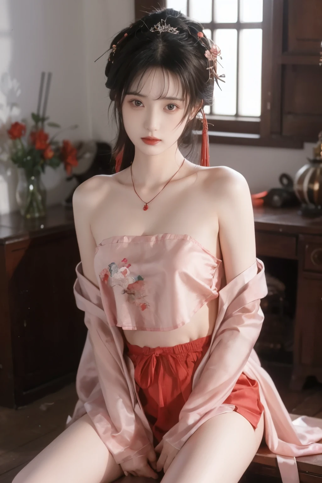 is the best quality, masterpiece, High Aims, 1 girl, Beautiful red Hanfu, Hair ornaments, necklace, ornament, pretty face, When the body, Tyndell effect, Realistic portrait, Dark Studio, Edge lighting, Bicolor Light , (very delicate skin:1.2), 8,000 uhd, digital SLR camera, Soft Light, High quality, Volumetric Lighting, Honest, photo, for higher resolution, 4K, 8,000, Bokeh, dark hair,PINK HAIR TIPS, pink eyes.1 girl, skirt, Hair accessories , red skirt, alone, Chinese clothing , long hair, Sitting, now l polish {x} bare shoulders, window, brown hair, OK, interior, dark hair,