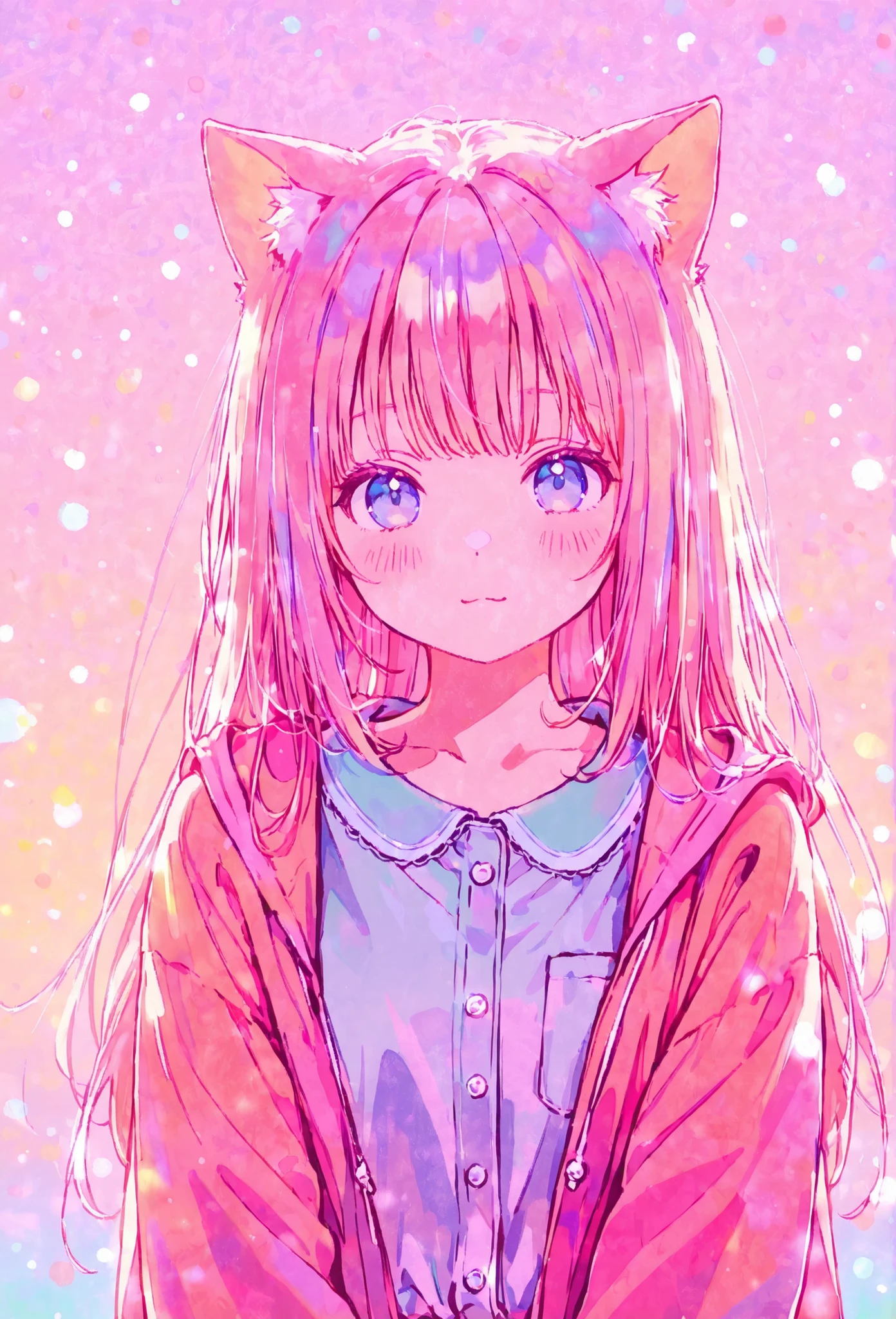 random hot and busty korean catgirl, cat ears, pastel color palette, no background, pastel background, colorful background,