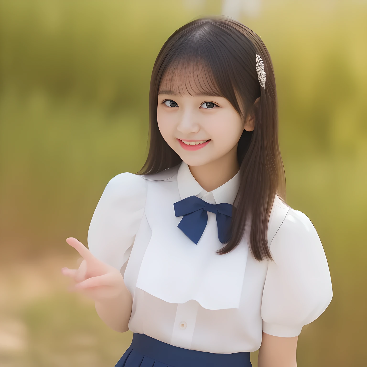 (masterpiece, best quality:1.2), High resolution, 1080P, 8K, 1girl, solo, (A noble, neat, intelligent and beautiful slender 14yo Japanese girl, maximum laughter of happiness: 1.3), (Incredibly well organized pure white face, Glossy lips, Very long black beautiful straight hair like a hair model, Pure and clear eyes, (((Noble and neat))) Japanese school uniform, (dark red cute school ribbon bow-tie), girly & fluttering ((frilled gorgeous expensive school blouse)), puffed sleeves, (dark-blue cutest well-pleated skirt): 1.5) ,(beautiful legs, white socks and school loafers), (Using expensive face-whitening cosmetics to make her skin more beautiful and pure by professional makeup artist: 1.0), (The neat beautiful girls know well about the viewer's super fetishism for school uniforms, and satisfies it completely with skirt: 1.0), ((Inviting me) to come most close with (mind-melting maximum laughter) and (noble hand gesture) like alluring and looking into my eyes: 1.0), (well detailed face and eyes: 1.0)