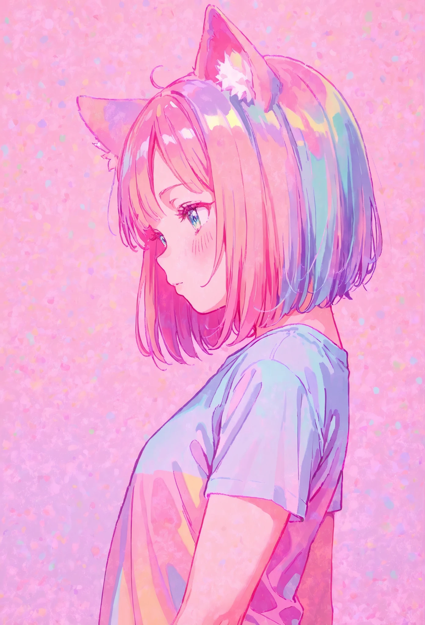 random hot and busty korean catgirl, cat ears, pastel color palette, no background, pastel background, colorful background,