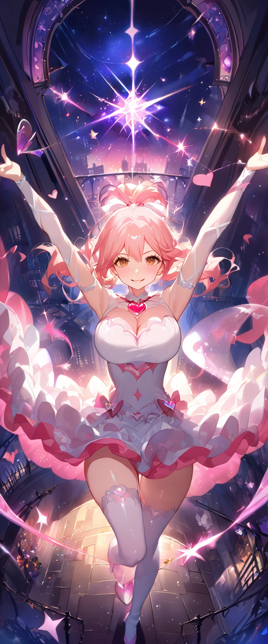 masterpiece、familiar、16K、shiny skin、1 girl、(magical girl flying in the night sky)、( has a magic wand :1.3)、 Exploding Universe 、Big breasts、 Big Butts、(Thigh focus)、 Long Pink Blonde 、Ponytail、brown eyes、(非常にfamiliarな目と顔)、 Precisely Depicted Face 、( Delicate Pink and White Dress)、 layered dress 、ultra-short skirt、 White Leather Knee-High Boots 、 Bright Contrast Color 、 Well Designed Details 、 Light Particles Surround Her 、( Heart-shaped Pink Effect :1.5)、(dynamic pose)、(Ghost Smile )、( Double arm:1.5)、( Sparkles in the Night :1.3)、(Aerial view)、