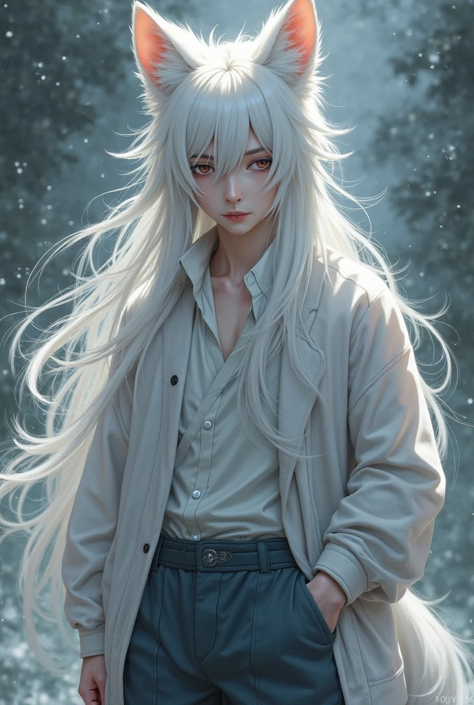 Kitsune white male with long hair whose bangs cover half of his face ...