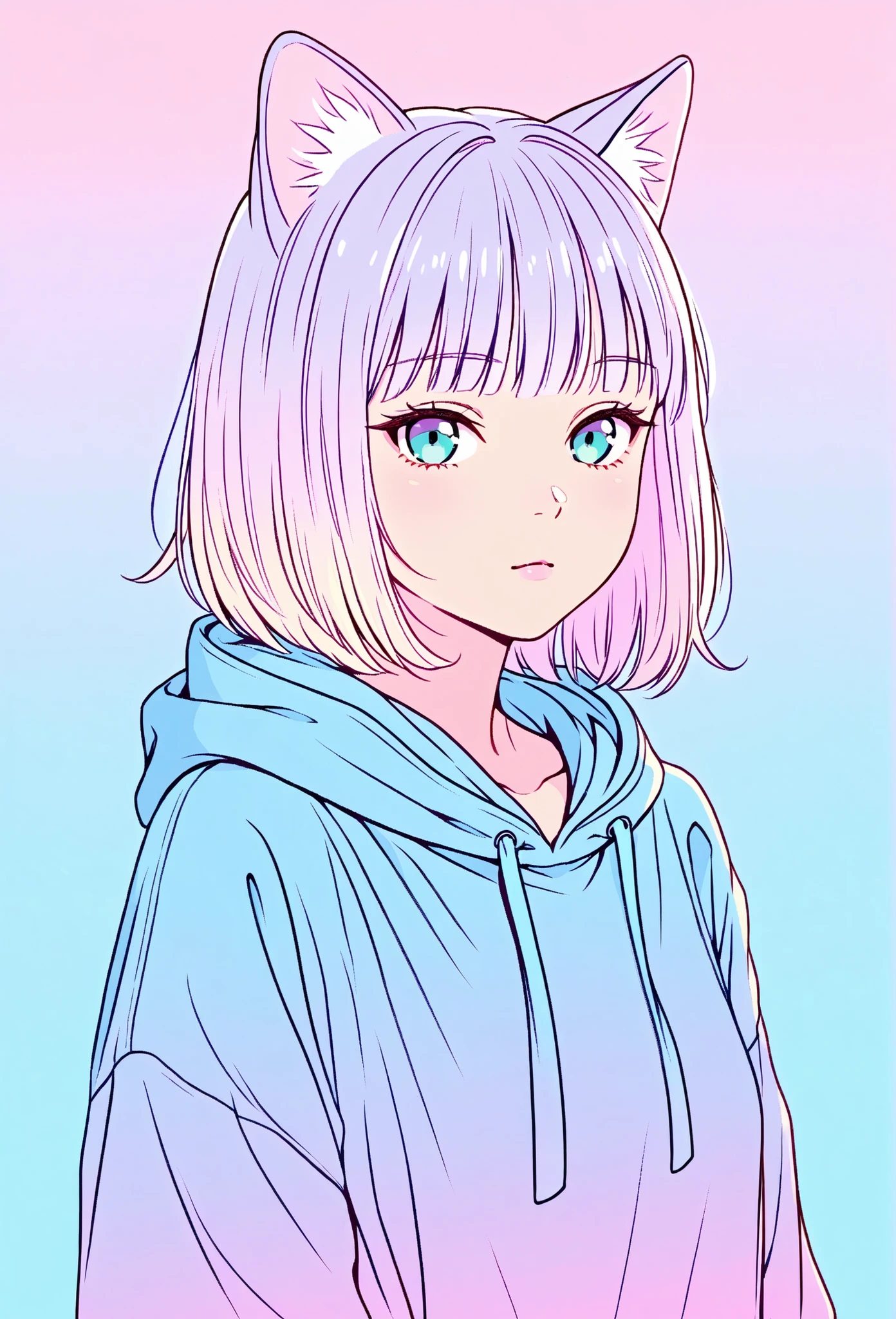 random hot and busty korean catgirl, cat ears, pastel color palette, no background, pastel background, colorful background,