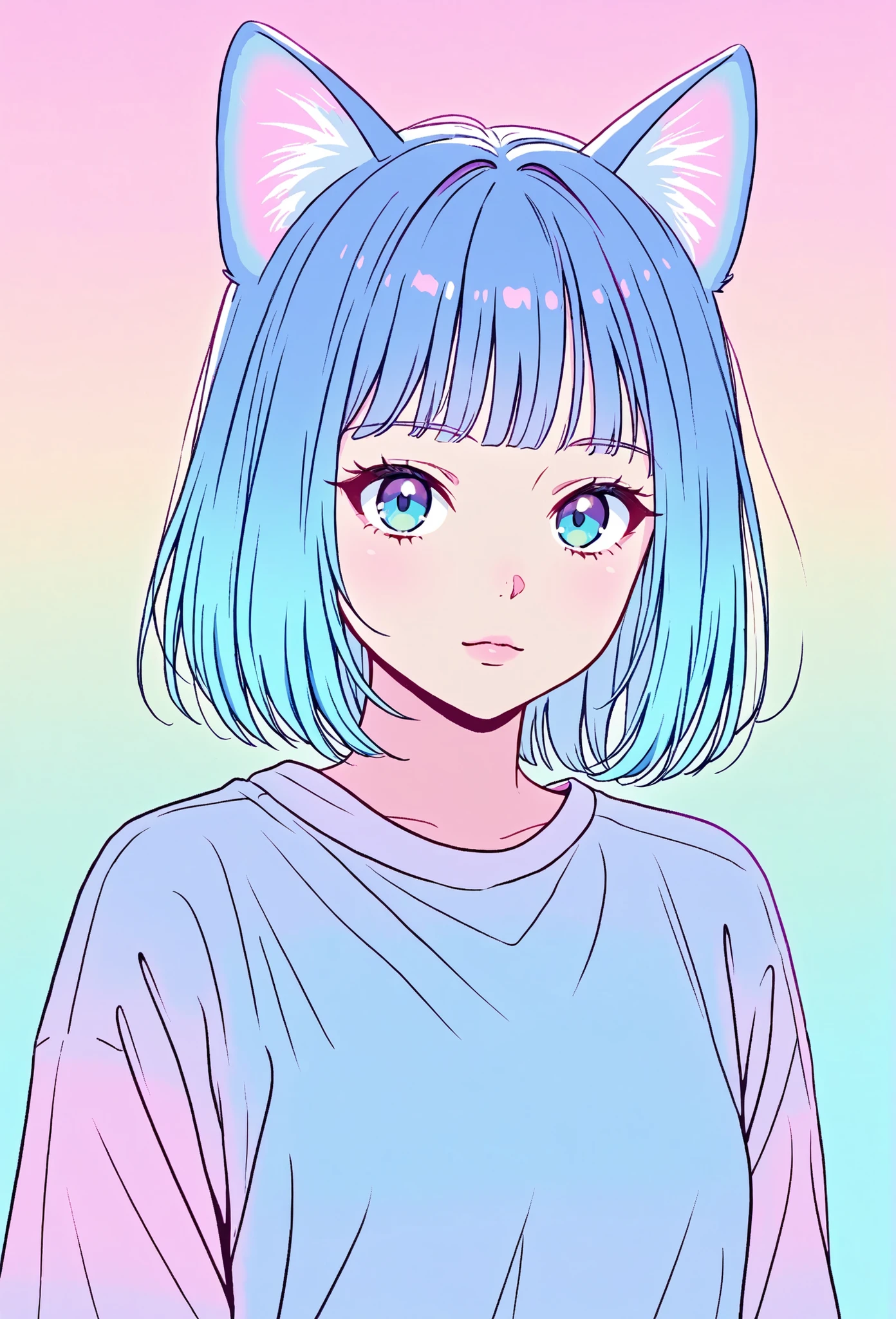 random hot and busty korean catgirl, cat ears, pastel color palette, no background, pastel background, colorful background,