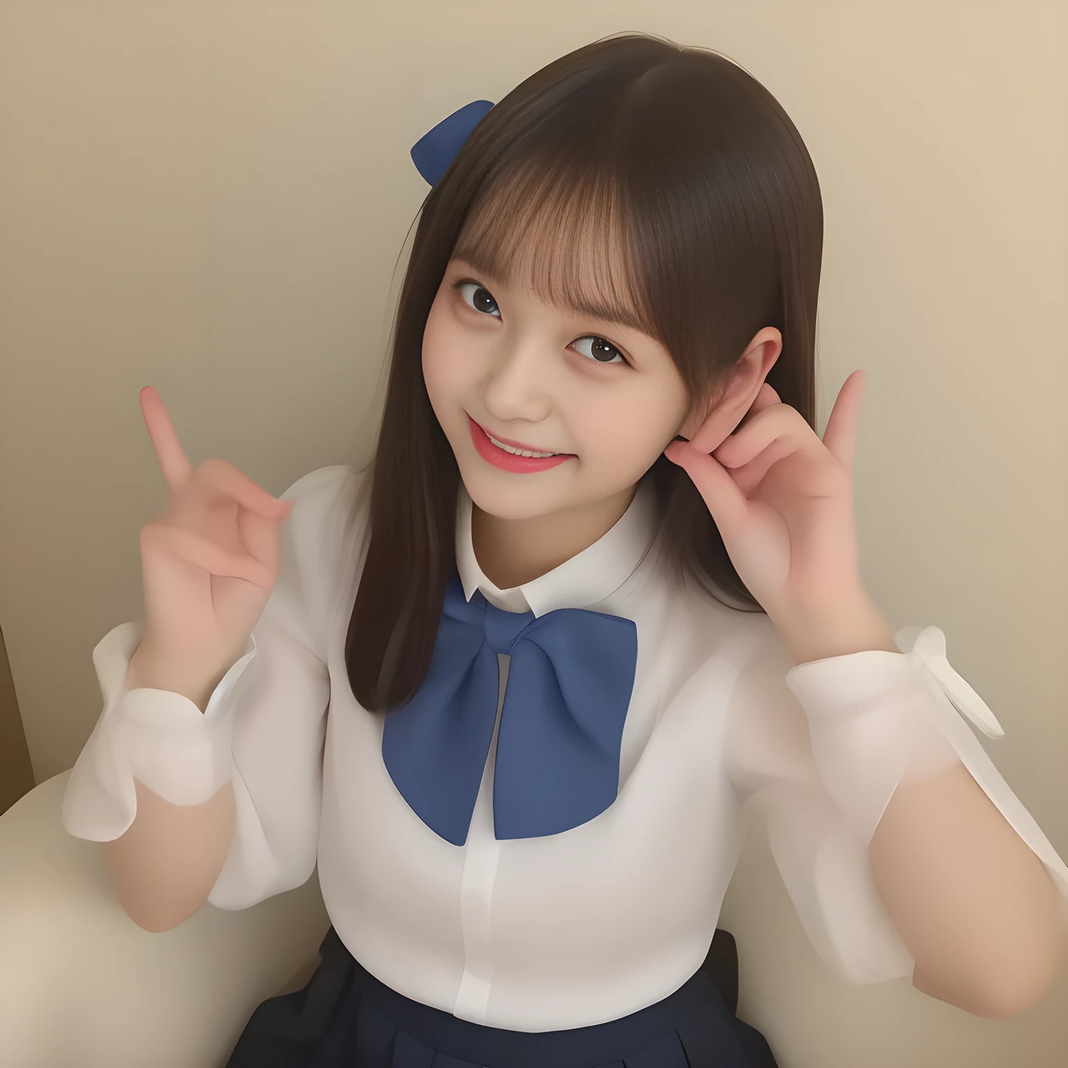 (masterpiece, best quality:1.2), High resolution, 1080P, 8K, 1girl, solo, (A noble, neat, intelligent and beautiful slender yo Japanese girl, maximum laughter of happiness: 1.3), (Incredibly well organized pure white face, Glossy lips, Very long black beautiful straight hair like a hair model, Pure and clear eyes, (((Noble and neat))) Japanese school uniform, (dark noble cute glossy (school ribbon bow-tie)), girly & fluttering ((frilled gorgeous expensive school blouse)), puffed sleeves, (dark-blue cutest well-pleated skirt): 1.5) ,(beautiful legs, white socks and school loafers), (Using expensive face-whitening cosmetics to make her skin more beautiful and pure by professional makeup artist: 1.0), (The neat beautiful girls know well about the viewer's super fetishism for school uniforms, and satisfies it completely with skirt: 1.0), ((Inviting me) to come most close with (mind-melting maximum laughter) and (noble hand gesture) like alluring and looking into my eyes: 1.0), (well detailed face and eyes: 1.0)