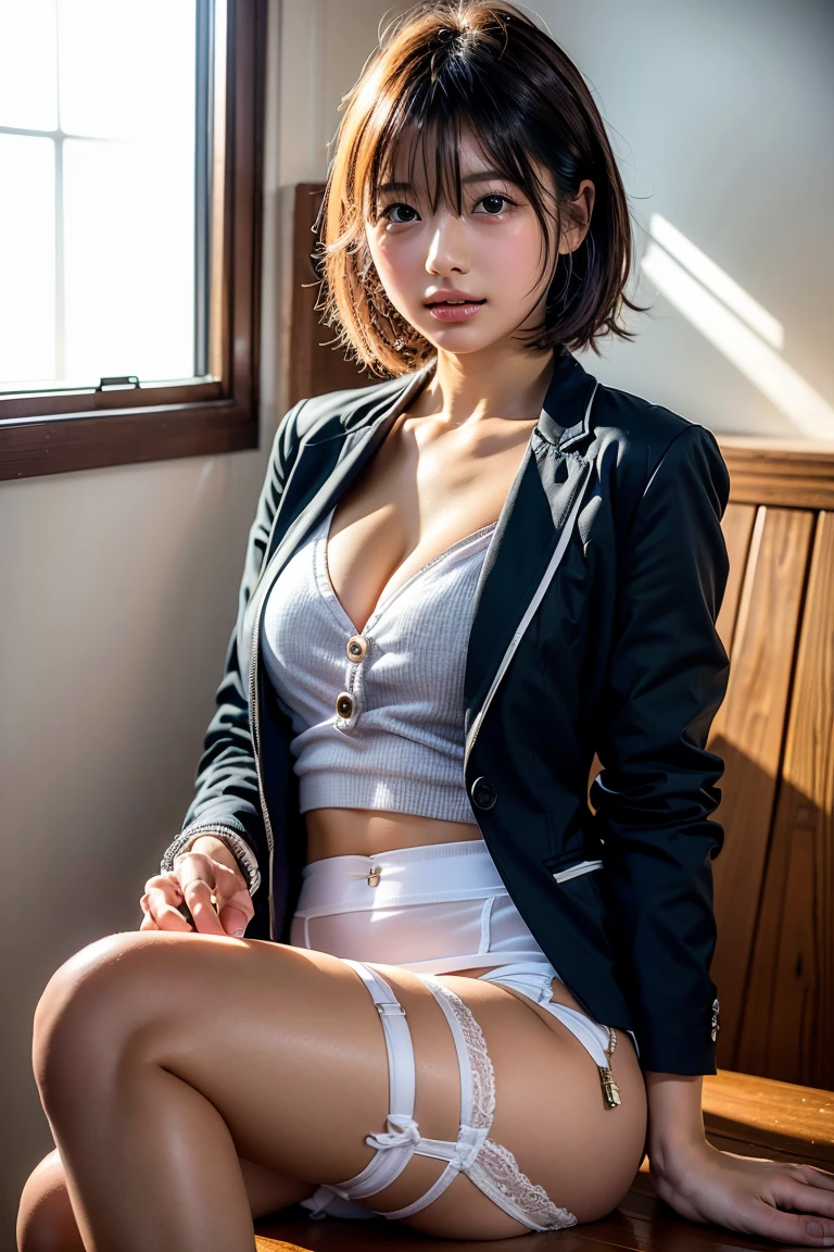 RAW photo, 1 girl, incredibly absurd, 30 years old, beautiful girl, (cute), (short hair), photo shoot, realistic, written boundary depth, High resolution, Super detailed, delicate, very detailed, highly detailed eyes and face, sharp pupils, realisticオフィスレディ, sharp focus, LED lighting, Eye and face details, (Velvet Blazer), mini skirt, cowboy shot full body, (wind lift:1.6), , Crouch down and pick up the dropped documents.., captivating gaze, inner thigh, (Big breas about to burst), close, perfect body
