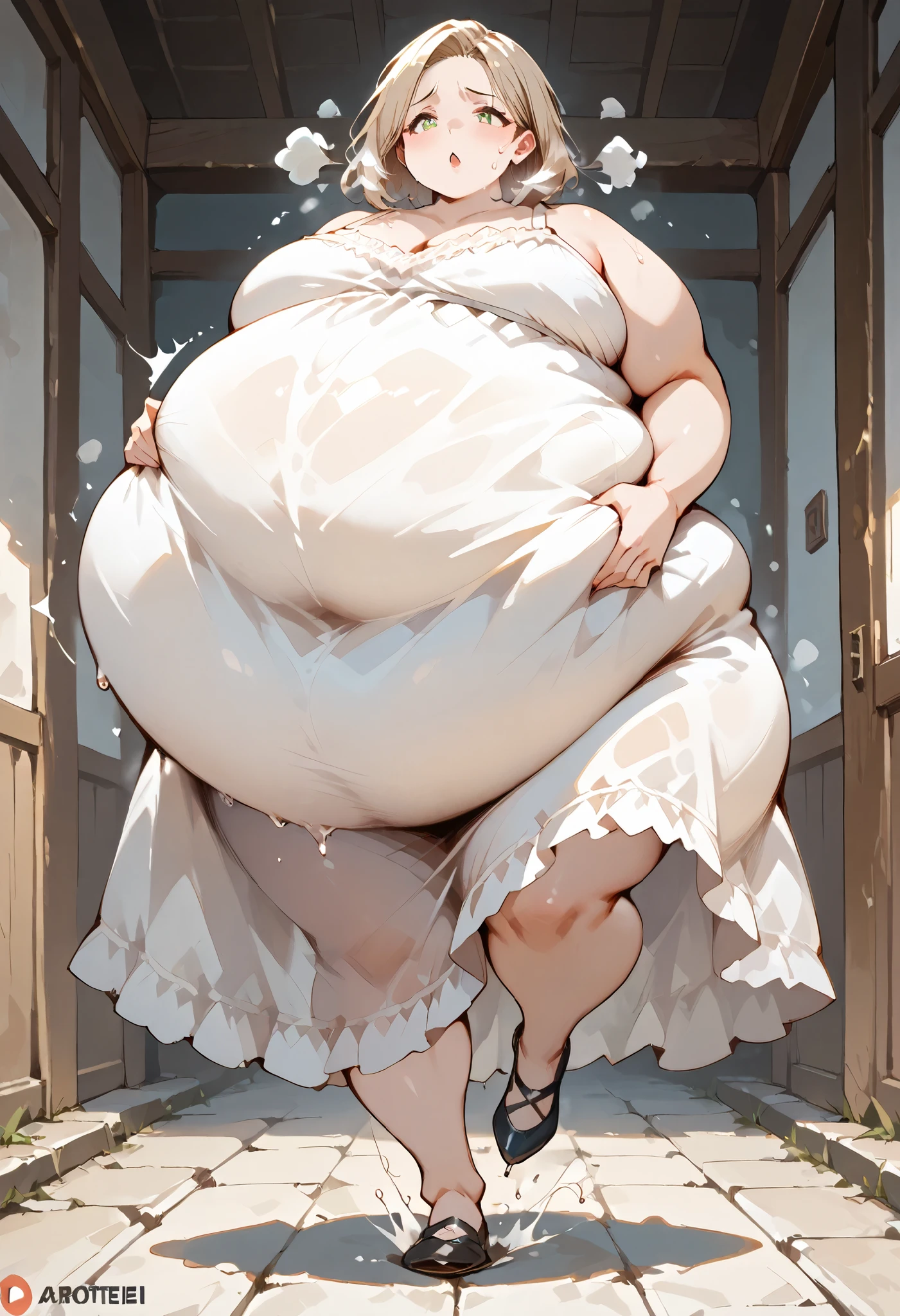 art by kipteitei, 1girl, out of breath,  holdingown belly, running down hill, dress, chubby (best quality, masterpiece), huge belly, gasping for air, sweaty