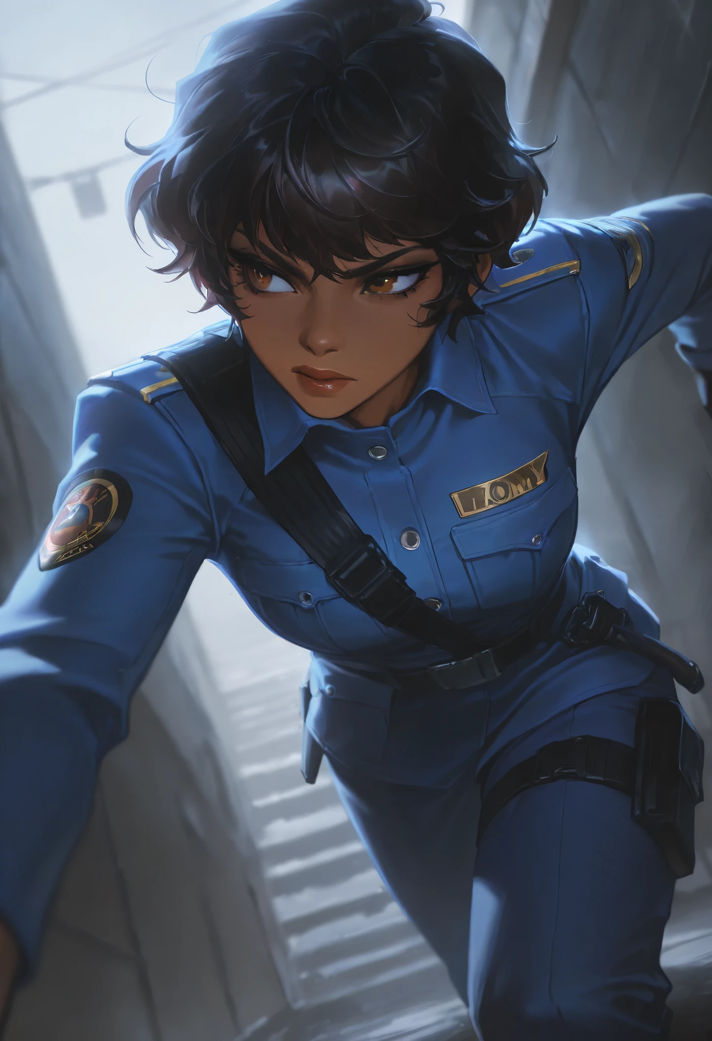 Score_9, Score_8_up, Score_7_up, Score_6_up, anthro,\(quality\), L0LSPL4SH, year2024, year2023, 1female, taller frame, dark skin, dommy mommy, medium curled hair, black hair, brown eyes, determined gaze, wearing a blue uniform, militar uniform, L0LSPL4SH,