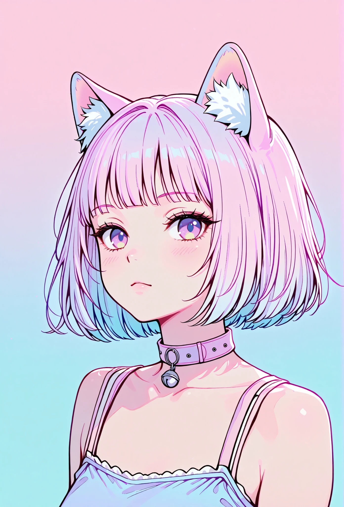 random hot and busty korean catgirl, cat ears, pastel color palette, no background, pastel background, colorful background,