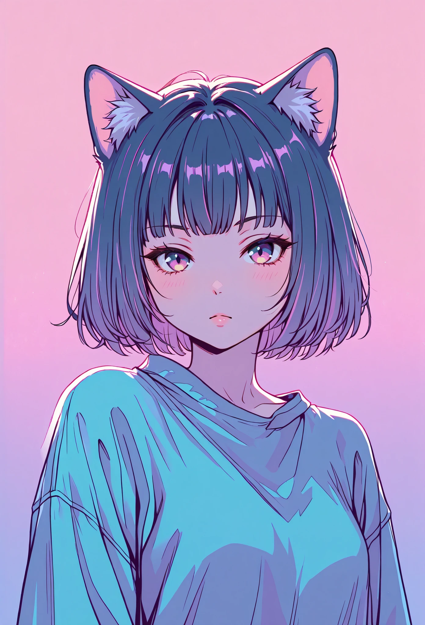 random hot and busty korean catgirl, cat ears, pastel color palette, no background, pastel background, colorful background,
