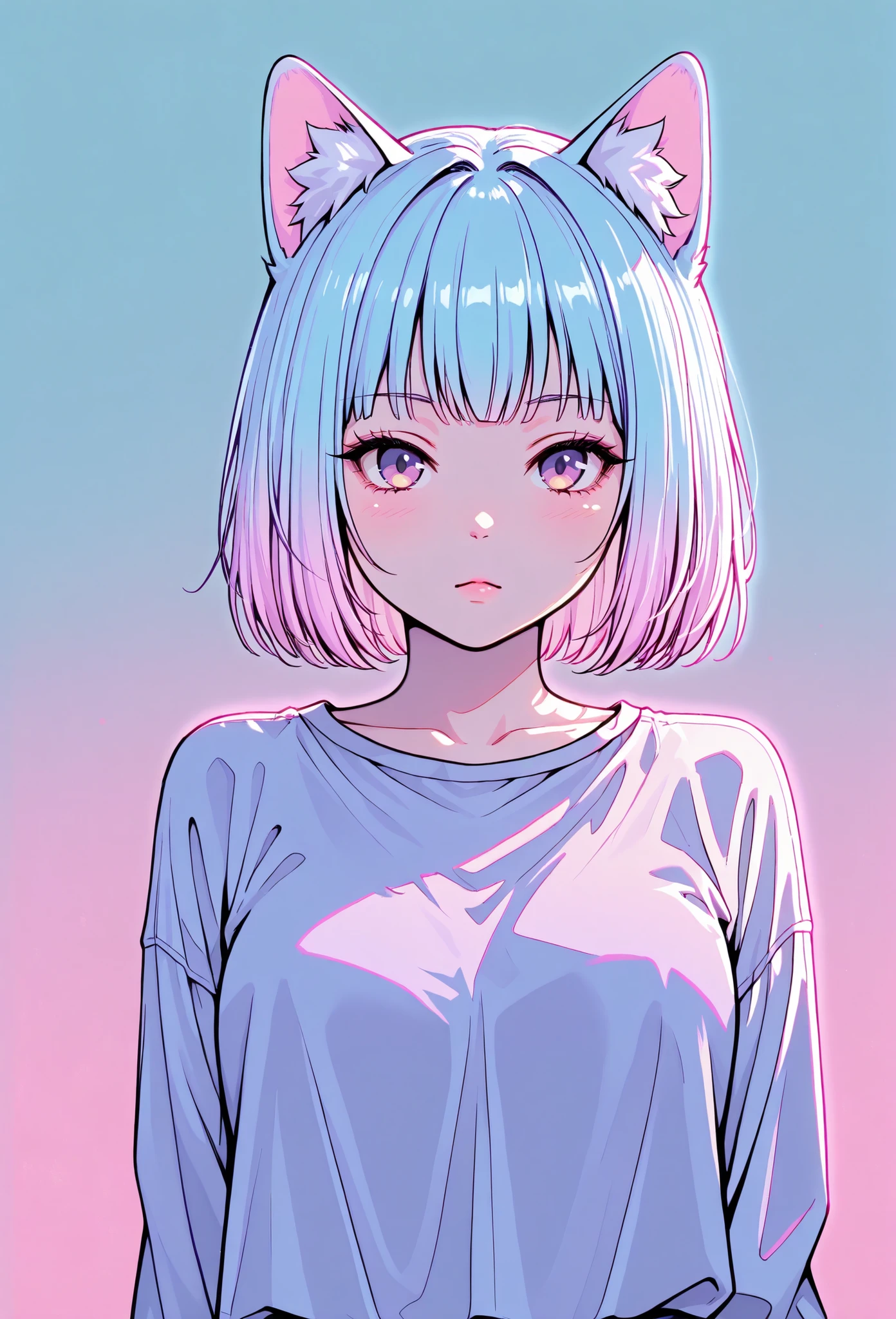 random hot and busty korean catgirl, cat ears, pastel color palette, no background, pastel background, colorful background,