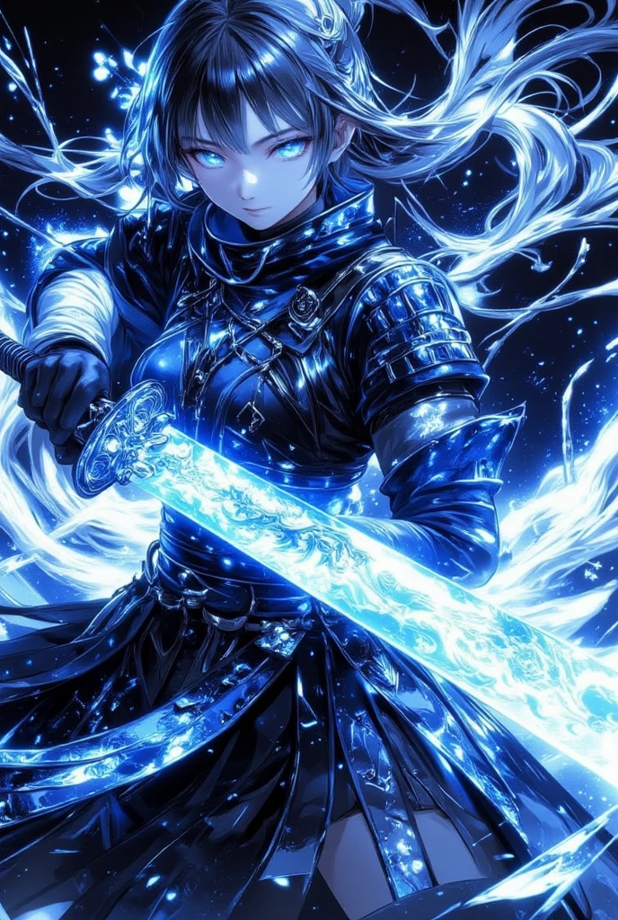 blue fire, fire, glowing, hitodama, magic, spirit, 1girl, long hair, glowing eyes, ghost, staff, blue theme, dress, weapon, monster, sword