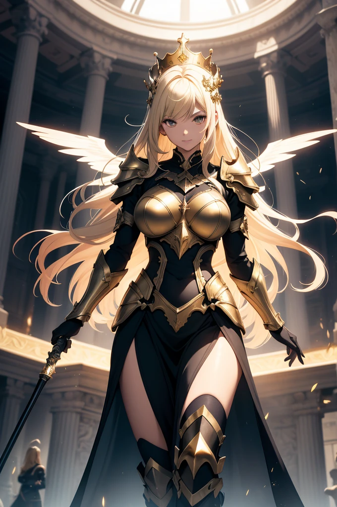 Masterpiece, 4k, Illustration of an angelic female warrior, beautiful woman, long blonde hair, halo, golden armor, wings, standing on dead orcs, blood, holding a orc head in the air, battlefield