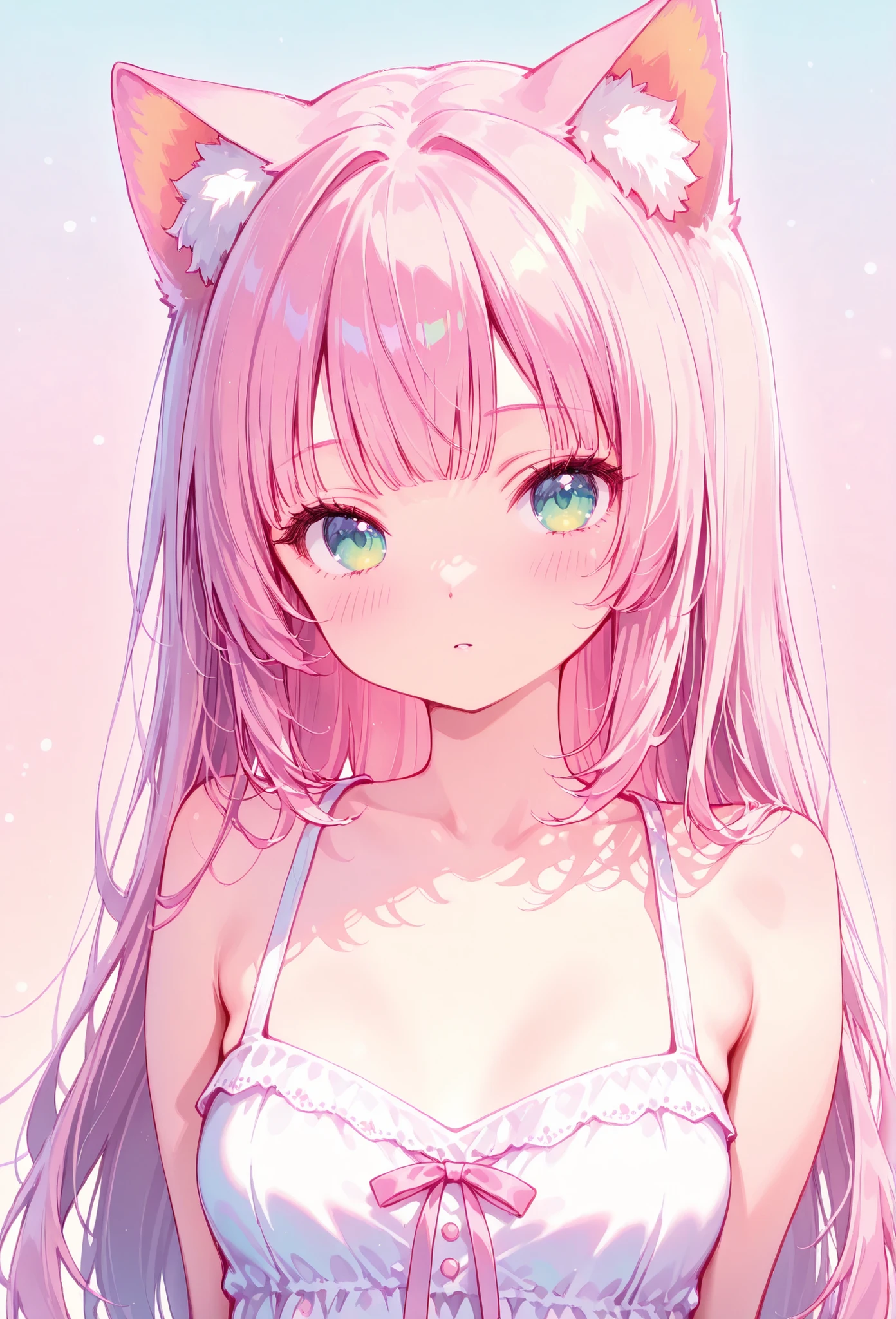 random hot and busty korean catgirl, cat ears, pastel color palette, no background, pastel background, colorful background,