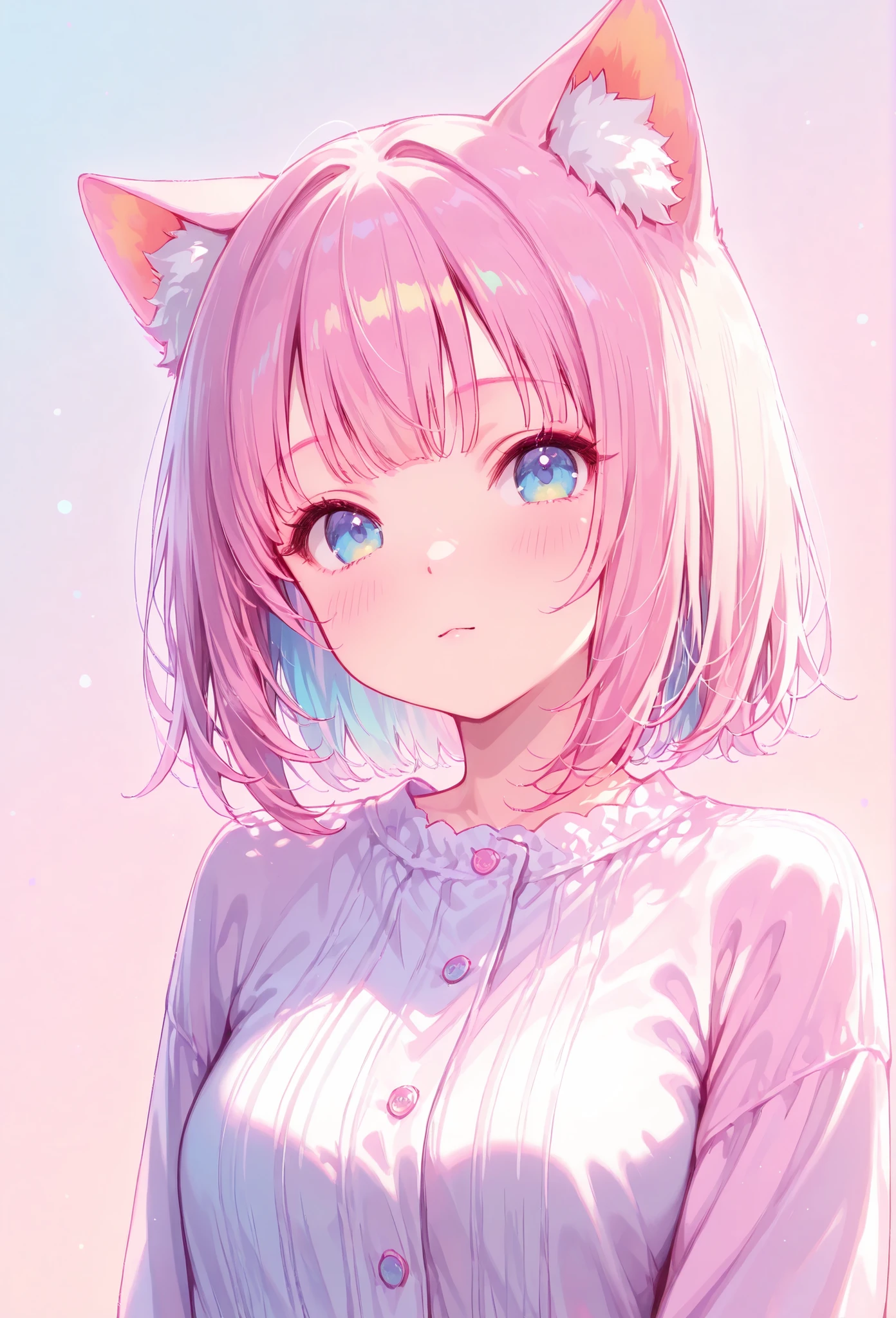 random hot and busty korean catgirl, cat ears, pastel color palette, no background, pastel background, colorful background,