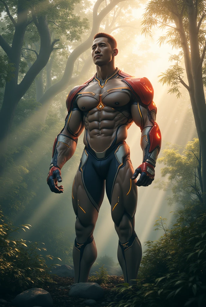 ultra-detailed illustration, kinematics, intricate, Create a muscular man with black hair and green eyes, totally naked, without underwear, with his penis visible, with its lower part visible. whole body, perfect feet, Black cat tattoo on right and left ankle, starry night and sunrise background