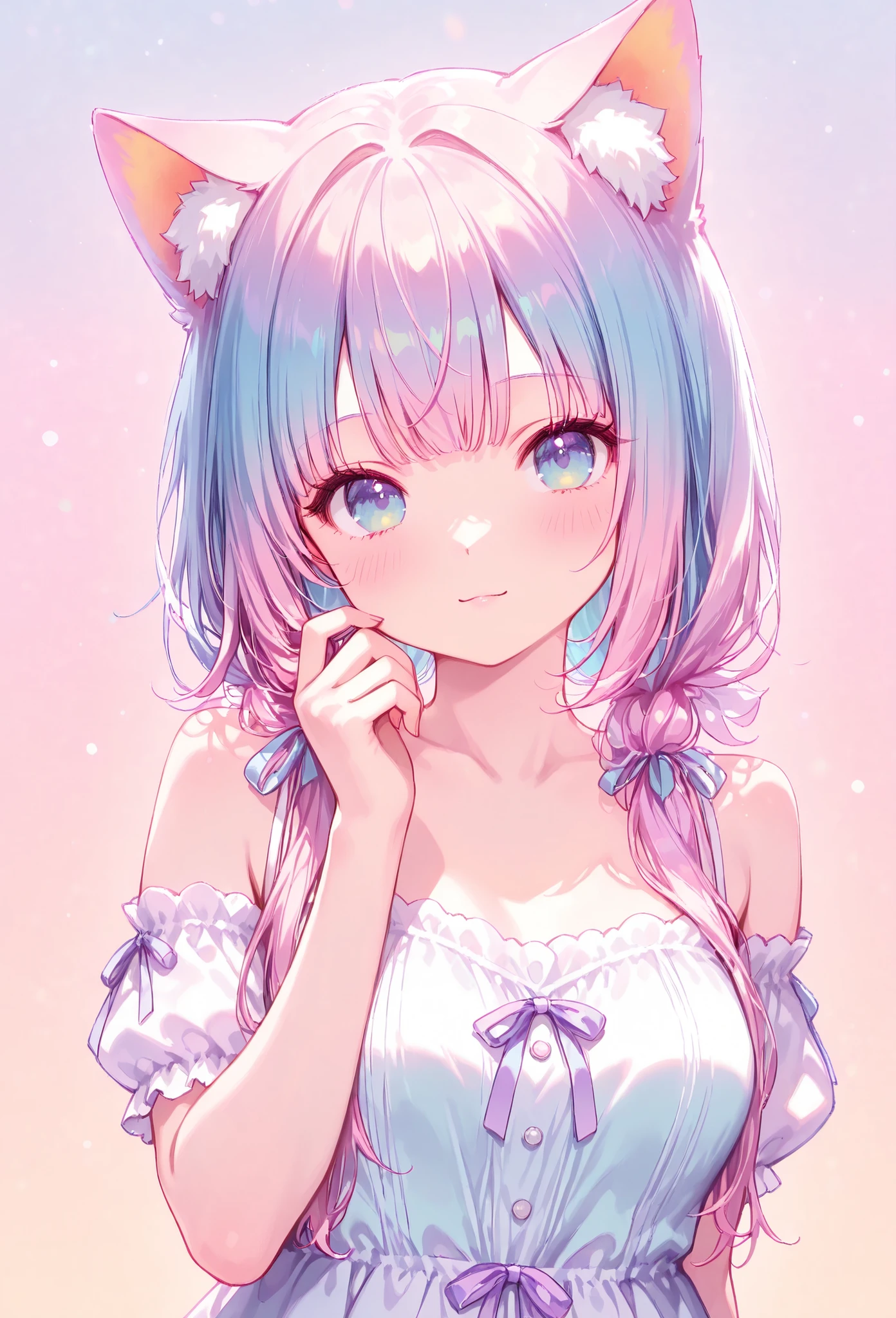 random hot and busty korean catgirl, cat ears, pastel color palette, no background, pastel background, colorful background,