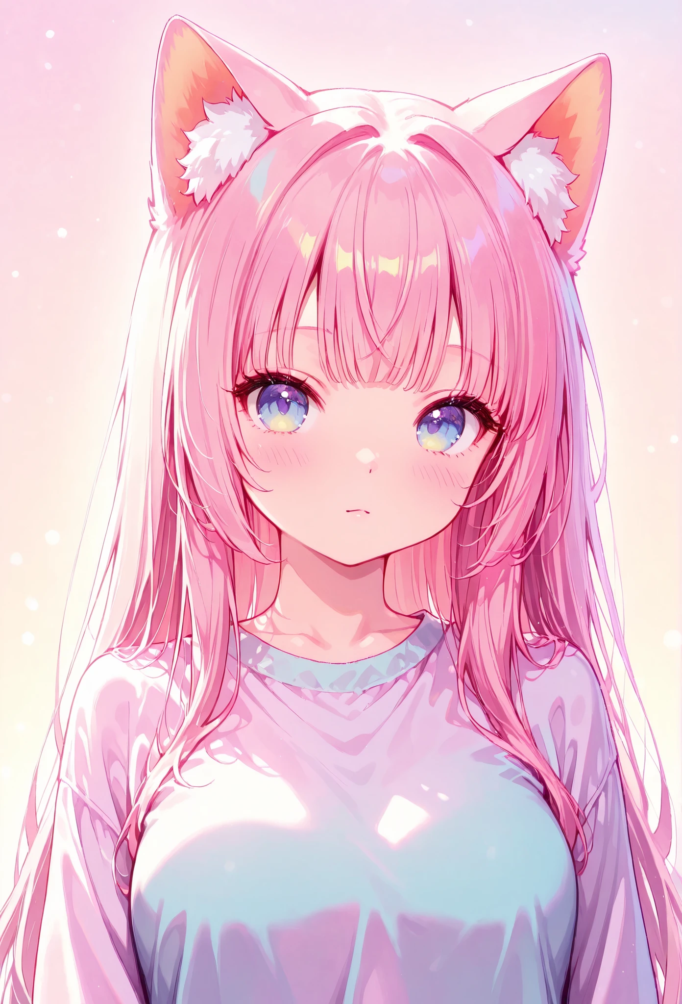 random hot and busty korean catgirl, cat ears, pastel color palette, no background, pastel background, colorful background,