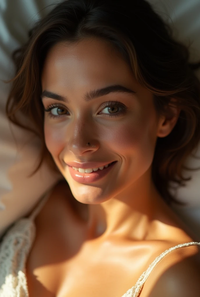 best qualityer, Facial Focus, smooth light, ultra high resolution, (photorrealistic:1.4), CRU photo, 1 brown Brazilian girl, alone, cute, (shy smile:0.5), (eyes browns, lights in the eyes), detailed gorgeous face, (medium chest),(high resolution detail of human skin texture), (short and wavy hair), break, lying on her bed, from the bra, Vest, overskirt