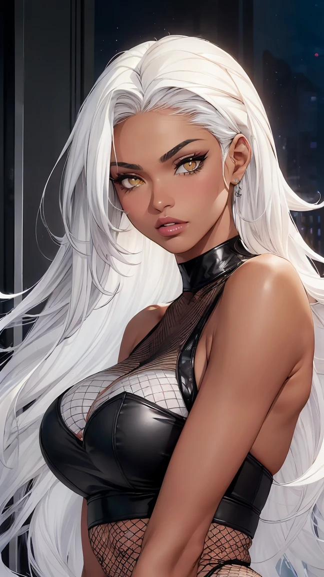 whole body, Fetal position, Sleeping in a bed in a dark bedroom, High heels, ((Amazing artwork)), high quality, Dark skin, Draughelves, mature, Powerful expression, Golden Eyes,(Silver Hair:0.8+Gray Hair:1.2), Sexy black leather outfit, Toned Abs, Prominent Curve, Chain Color, Belly tattoo (Red ink), Seductive Pose 、Horror style, Highly detailed face, (Silk underwear), stockings, Leather Tight Boots