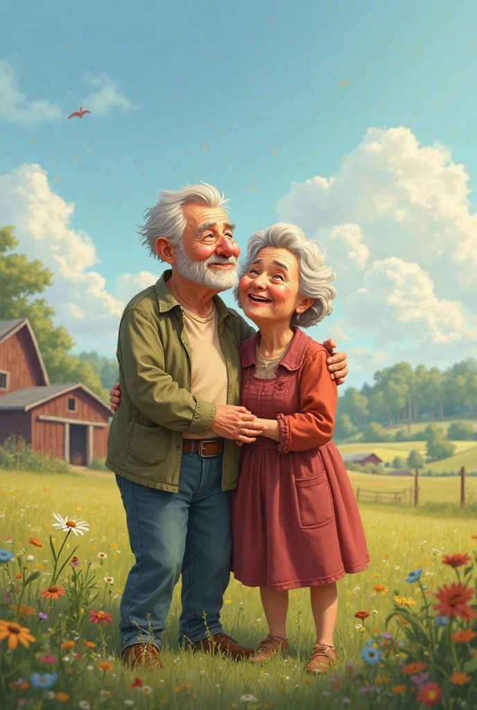 Grandma with short curls and grandpa stand looking at each other , holding daisies in their hands